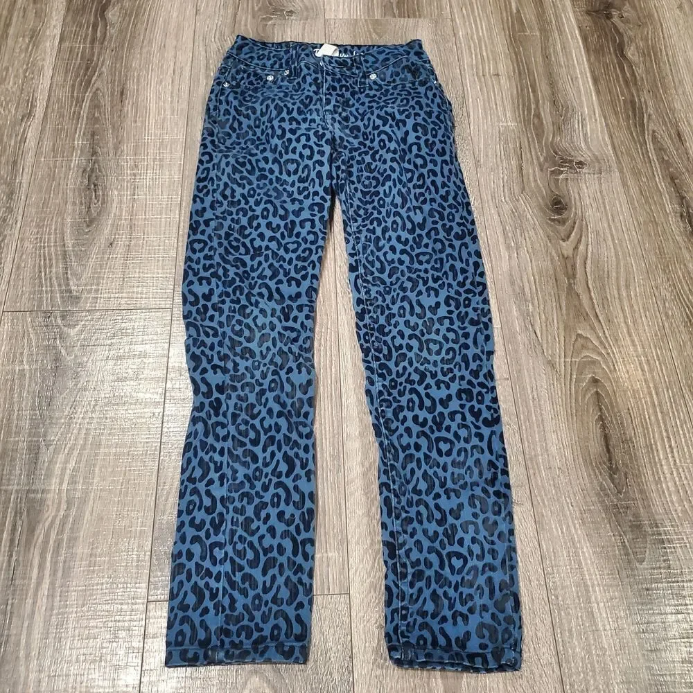 Girls Justice Jeans Size 10S Blue Leopard Print Straight Leg Jeans